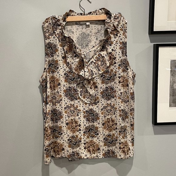 Ann Taylor Loft Ruffle Tie Neck Mixed Media Shell Sleeveless Keyhole Blouse, XL - Picture 1 of 9